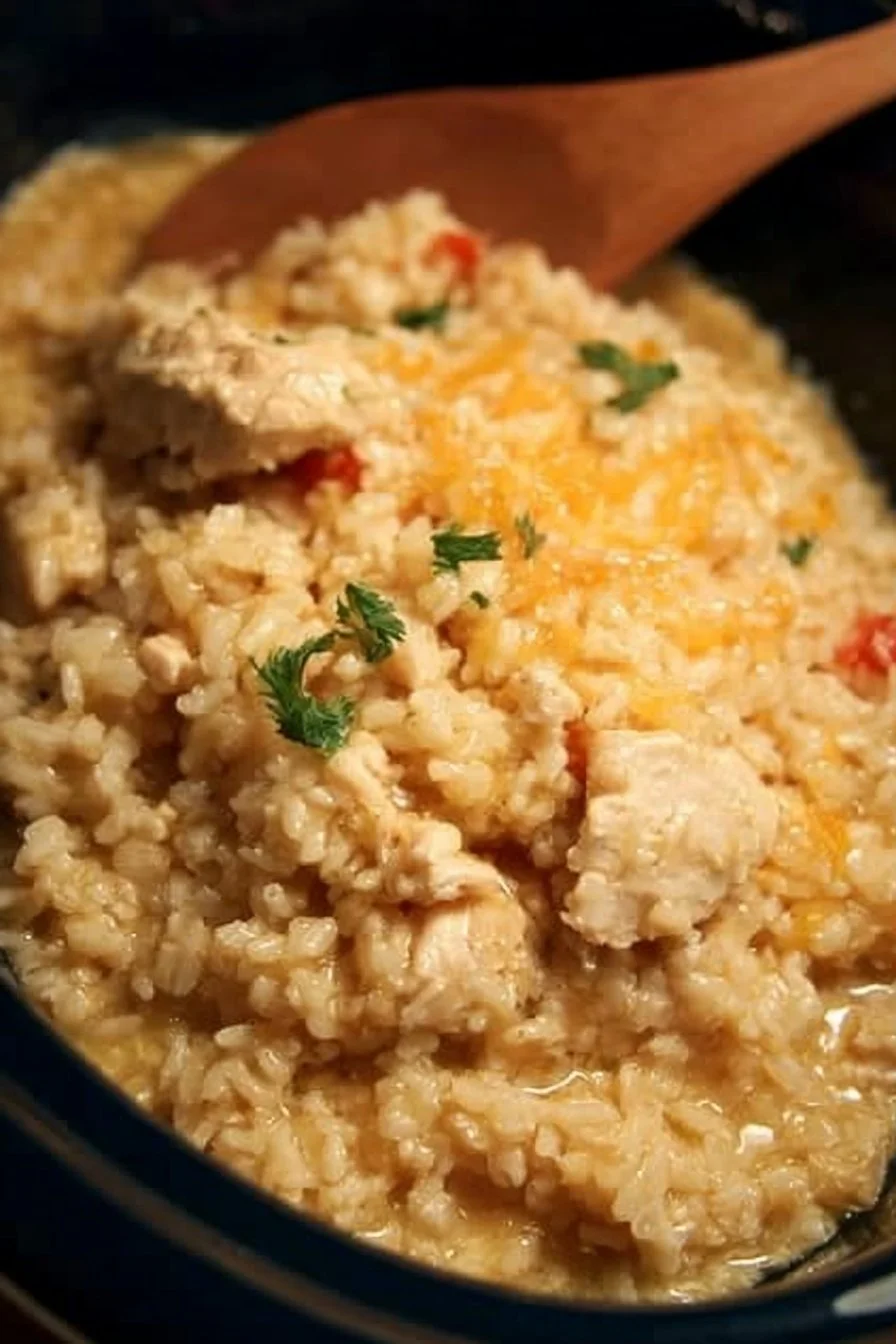 Crock Pot Chicken and Rice dish served in a bowl with veggies