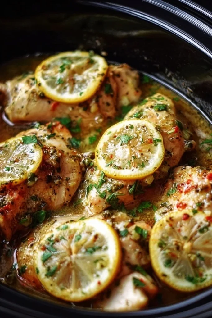 Crock Pot Lemon Garlic Butter Chicken served with herbs and lemon slices