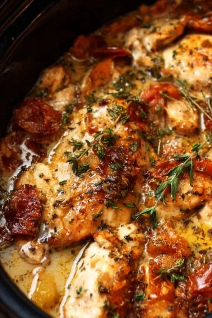 Crock Pot Marry Me Chicken served in a bowl with herbs and spices