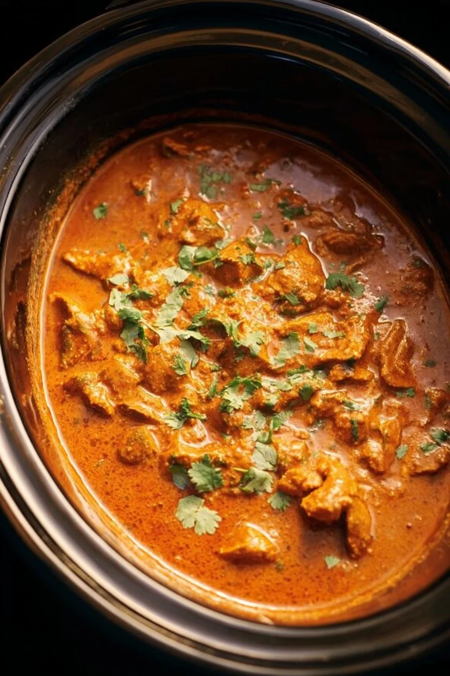 Delicious Crockpot Butter Chicken served with rice and herbs