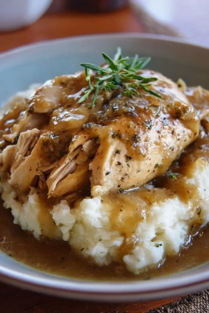 Crockpot Chicken and Gravy served with vegetables on a plate