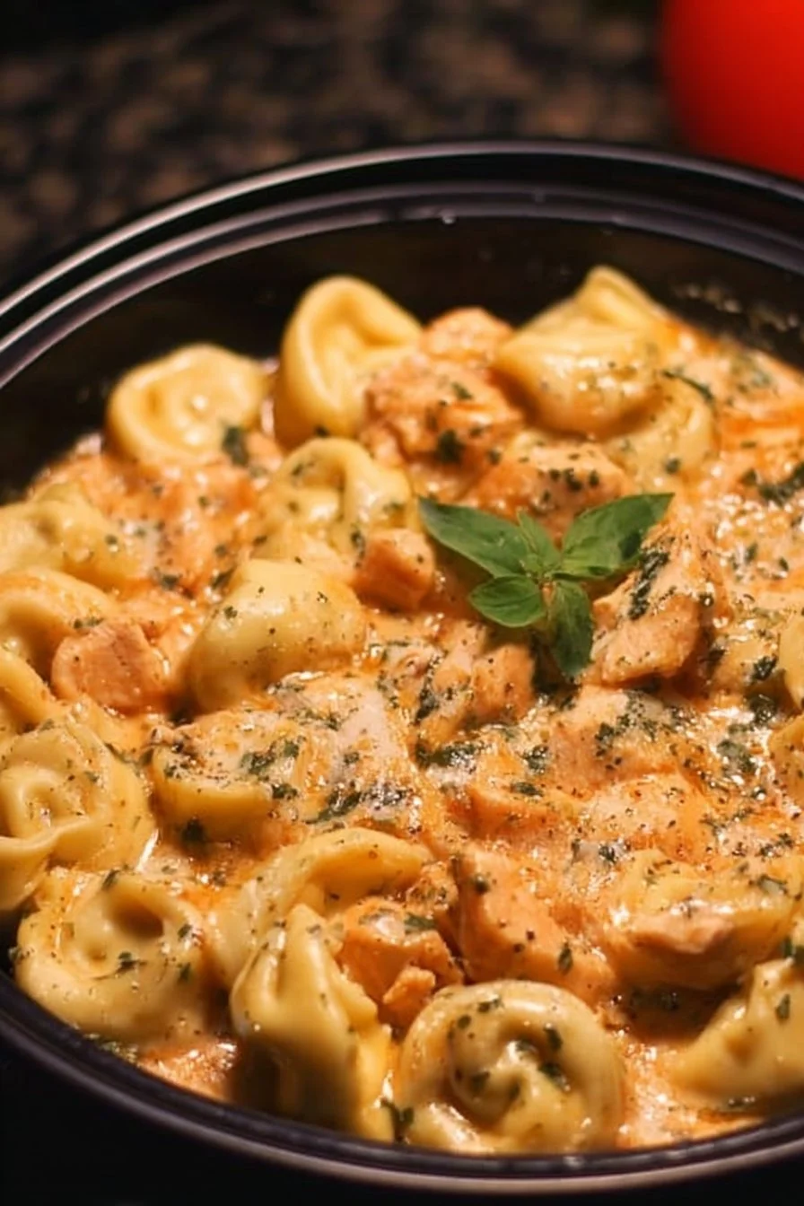 CrockPot Chicken Tortellini in a bowl, garnished with fresh herbs.