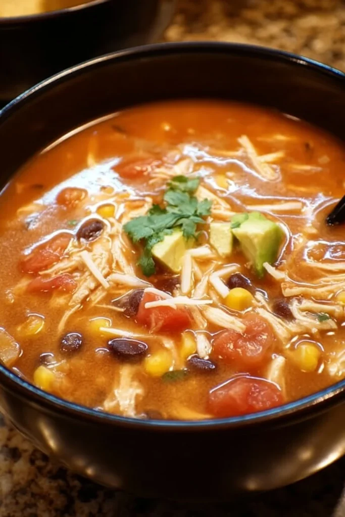 Crockpot Chicken Tortilla Soup garnished with tortilla strips and fresh herbs