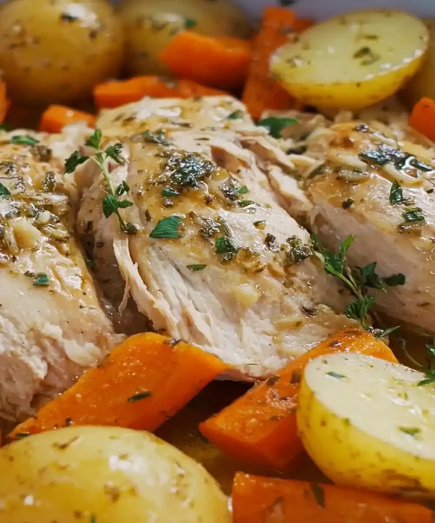 tender crockpot garlic herb chicken with carrots and baby potatoes