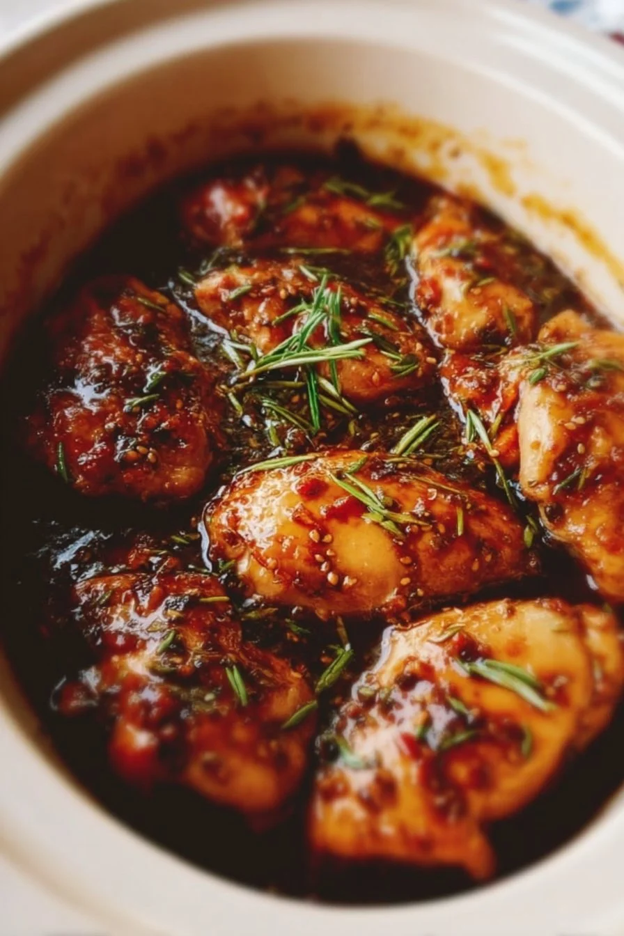 Crockpot honey garlic chicken served with vegetables on a plate.