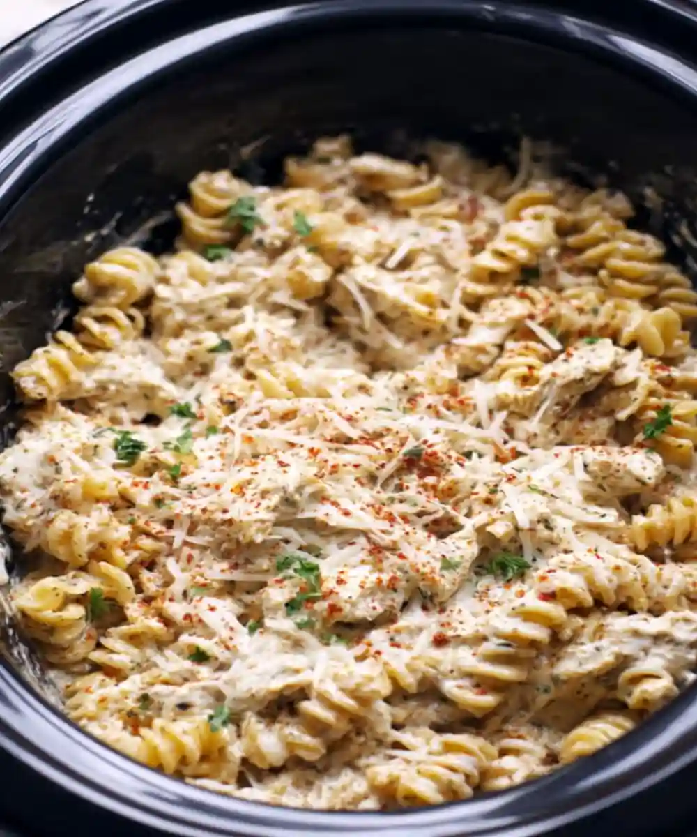 creamy crockpot parmesan pasta with rotini, herbs, and shredded cheese