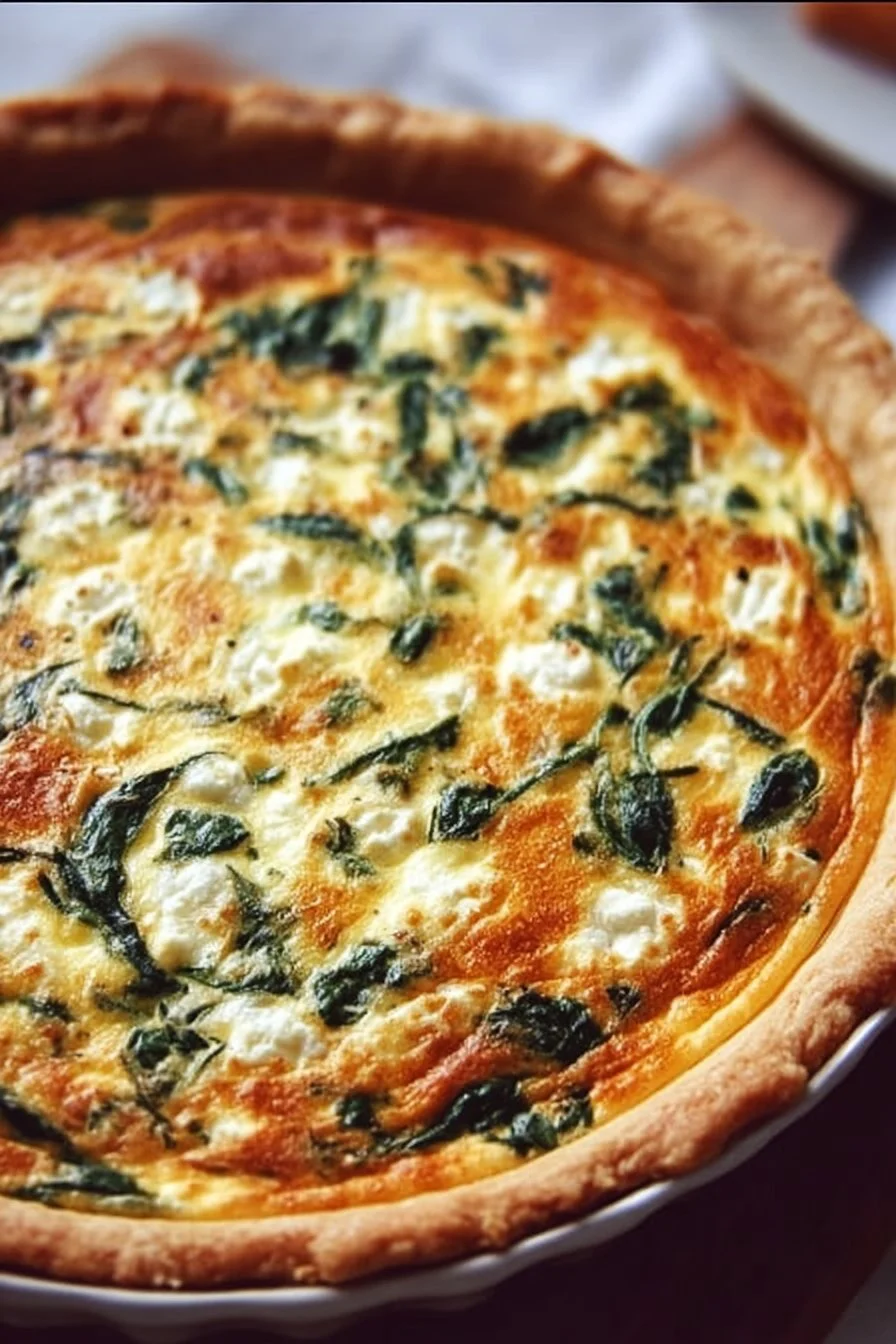 Delicious spinach feta quiche perfectly baked and garnished