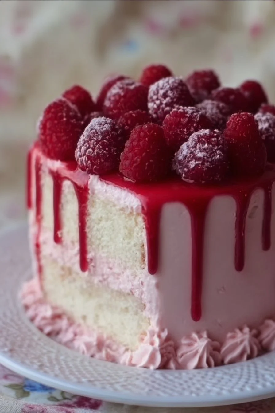 Delightful pink raspberry layer cake with layers of raspberry filling and frosting