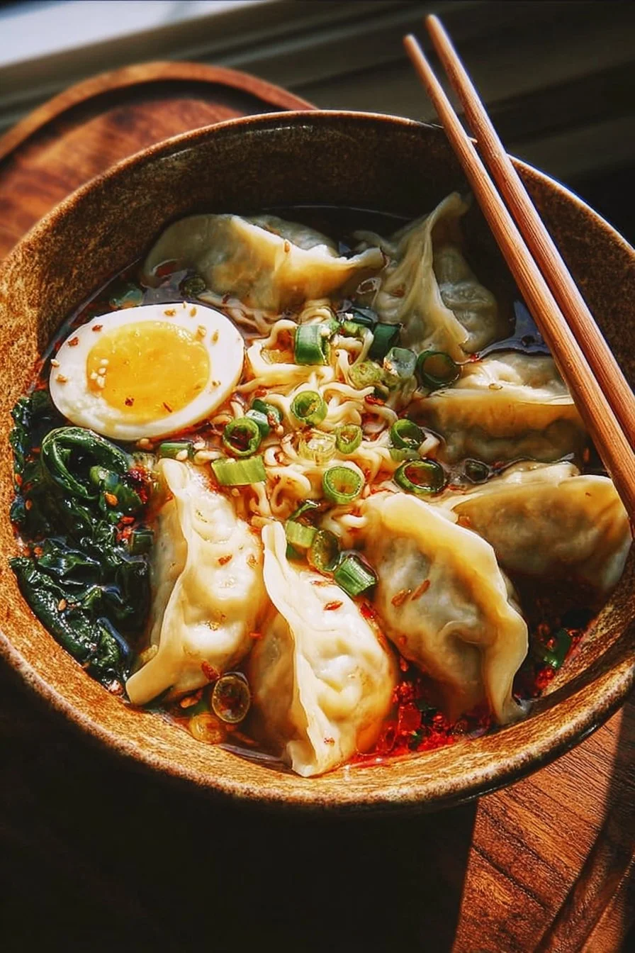 Delicious Dumpling Ramen Bowl topped with fresh ingredients and dumplings.
