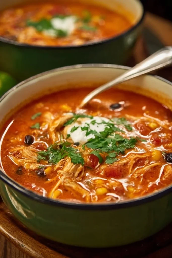 Bowl of easy chicken enchilada soup garnished with cilantro and tortilla chips
