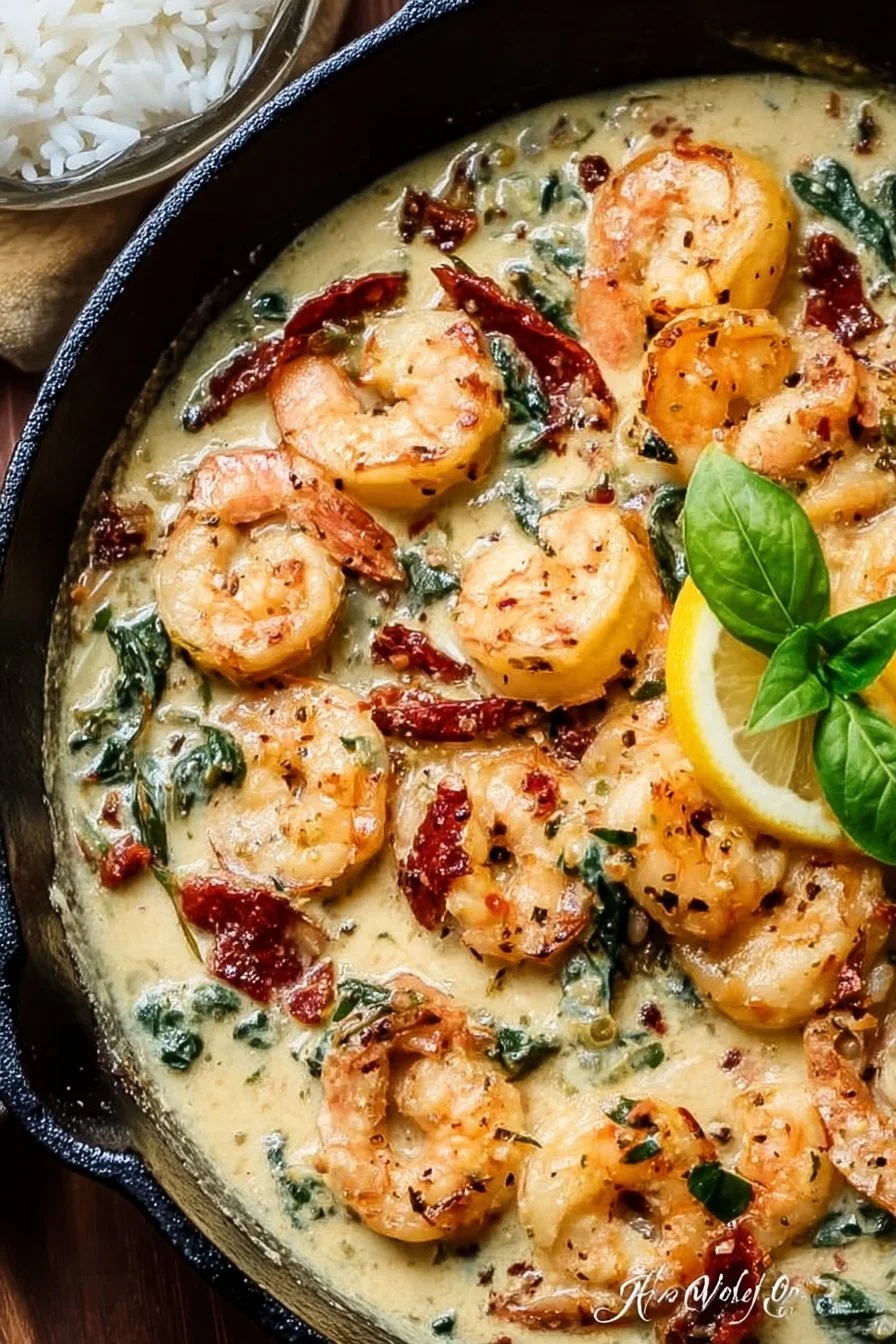 Creamy Tuscan shrimp dish served with pasta and fresh herbs