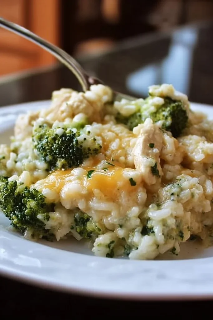 Delicious Crockpot Cheesy Chicken with Broccoli and Rice served in a bowl
