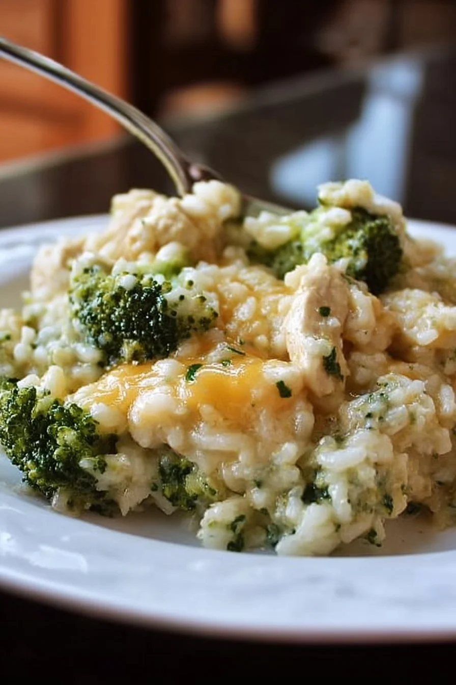 Delicious Crockpot Cheesy Chicken with Broccoli and Rice served in a bowl