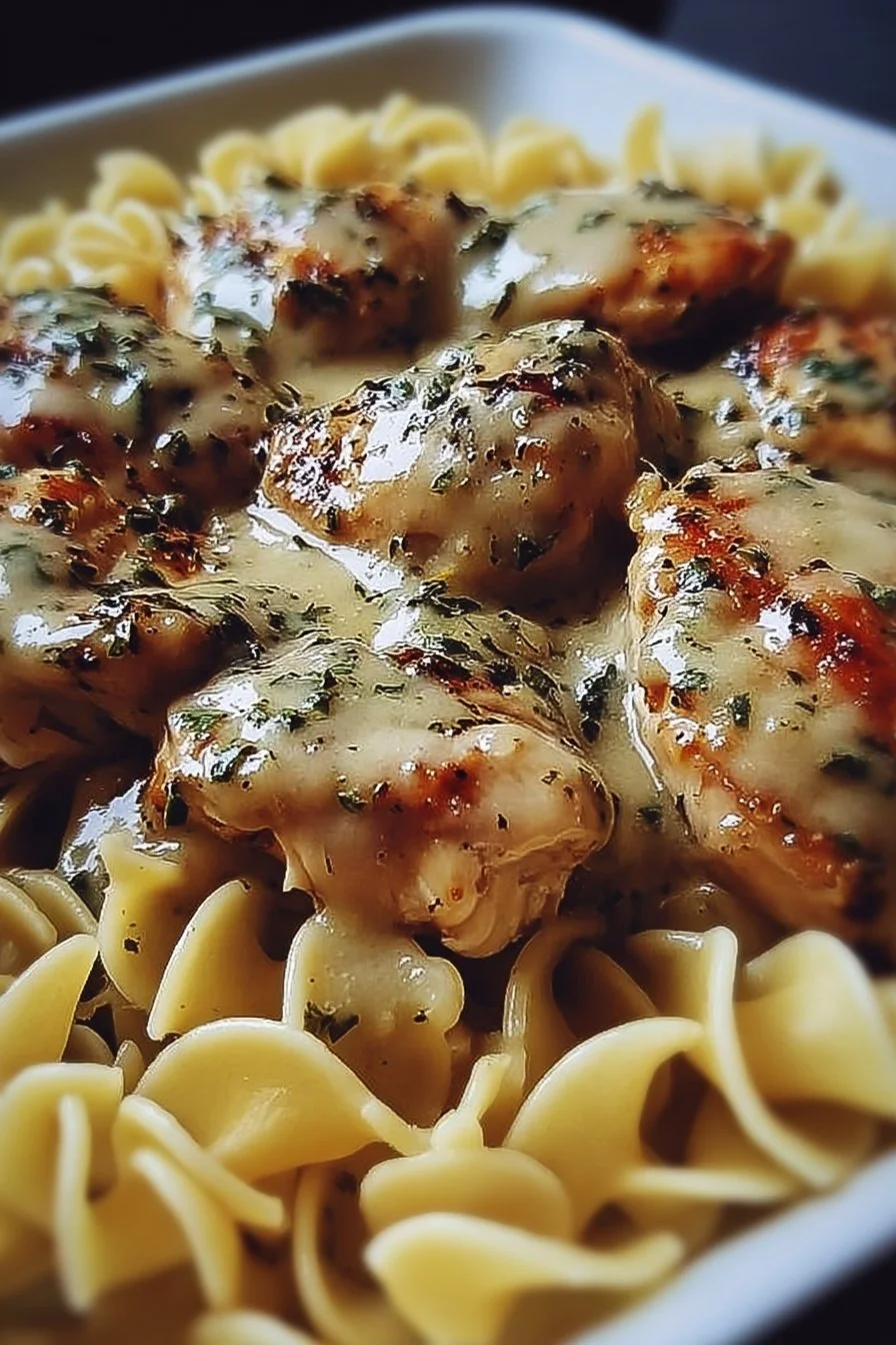 One-Pan Chicken served with buttered noodles in a skillet