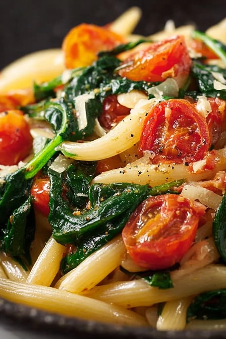 Bowl of easy pasta with tomatoes and spinach garnished with basil