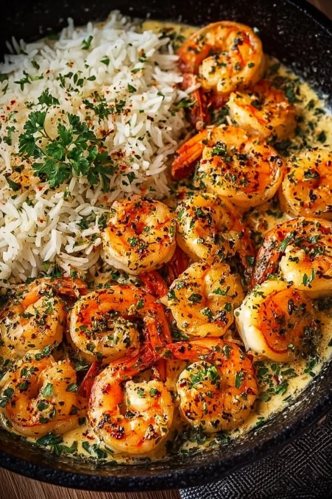 Creamy garlic butter shrimp served over rice, a quick and delicious recipe.