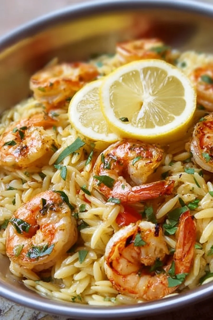 Plate of easy shrimp orzo in lemon garlic sauce garnished with parsley