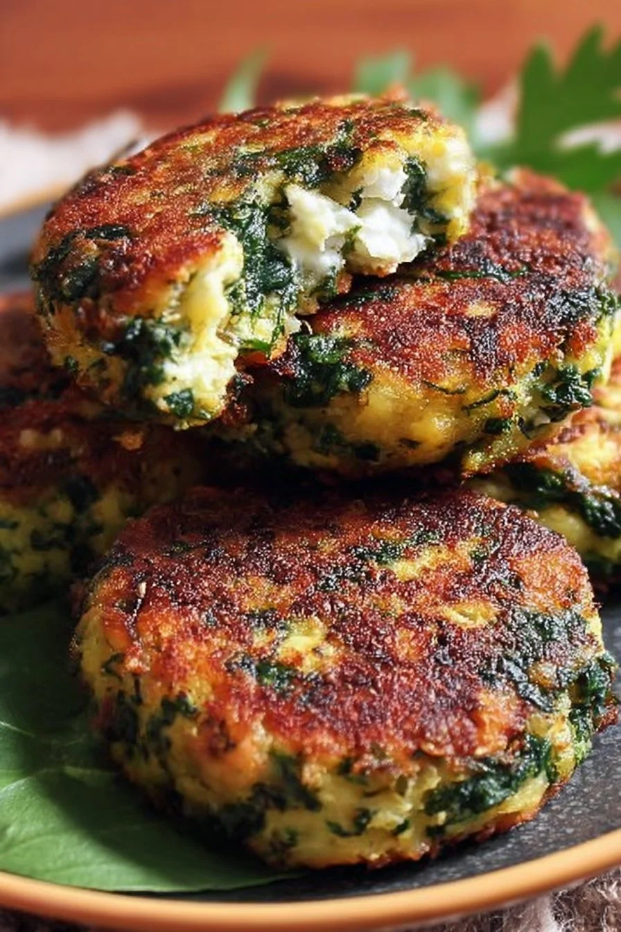 Delicious homemade spinach feta patties on a plate, ready to serve.
