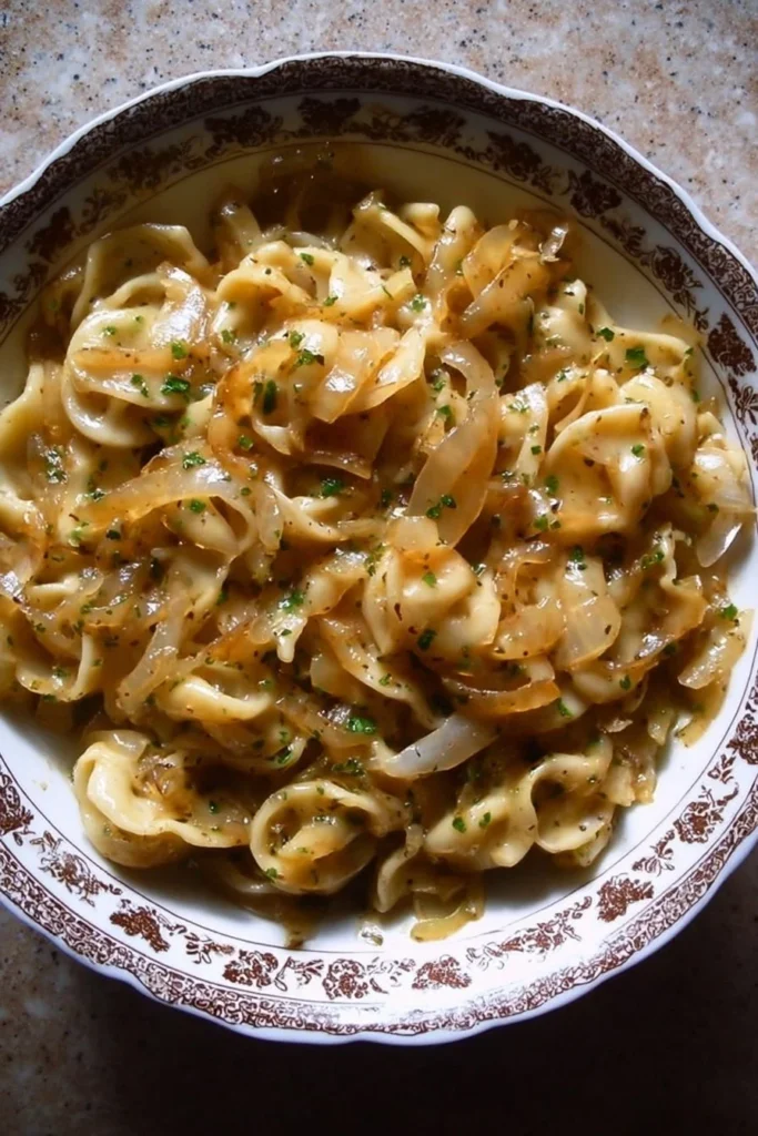 Bowl of creamy French Onion Pasta garnished with melted cheese and herbs