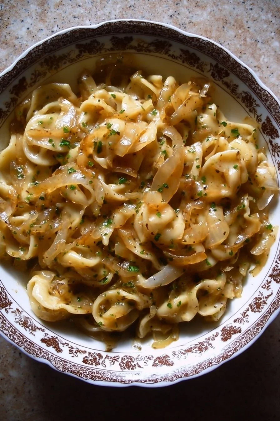 Bowl of creamy French Onion Pasta garnished with melted cheese and herbs
