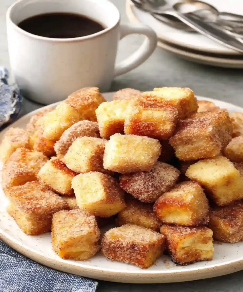golden cinnamon sugar french toast bites stacked on plate with coffee mug