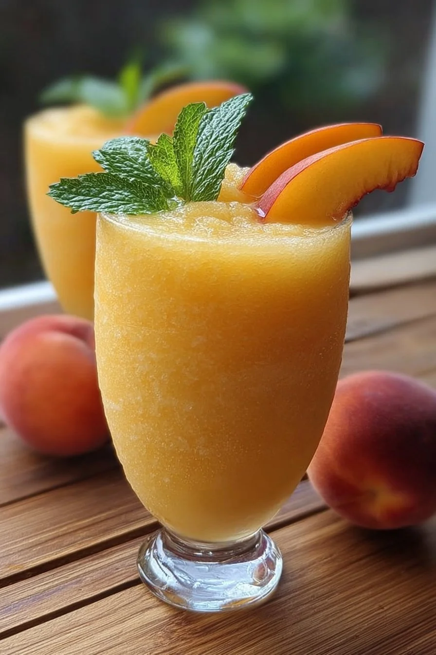 Delicious Frozen Peach Lemonade slushie in a glass, perfect for summer refreshment.
