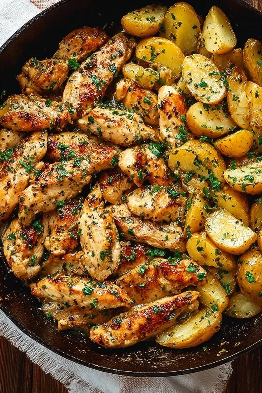 Garlic Butter Chicken and Potatoes Skillet served in a cast-iron pan.