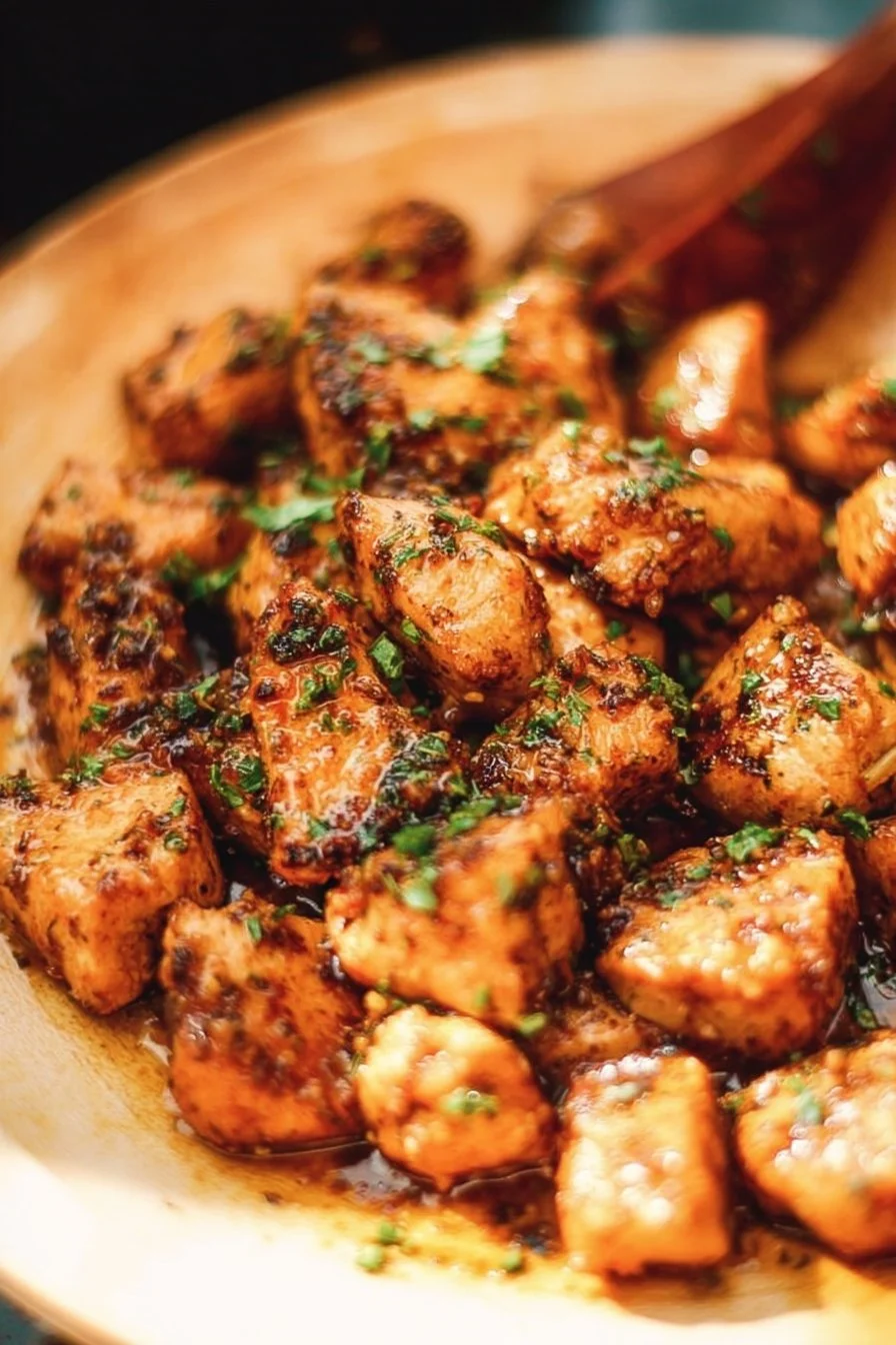 Garlic Butter Chicken Bites garnished with herbs in a skillet