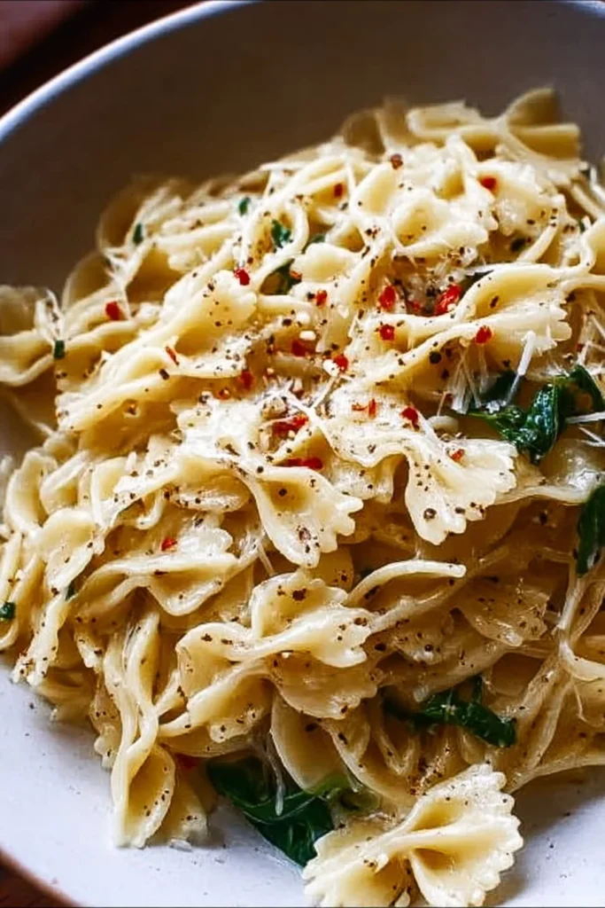 Plate of garlic butter pasta garnished with parsley and parmesan cheese