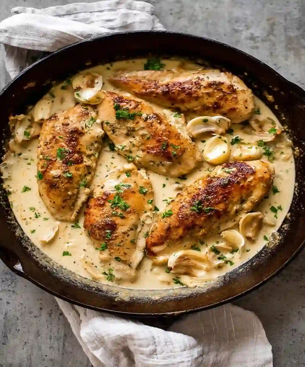 creamy garlic chicken breasts in cast iron skillet with whole garlic cloves and parsley
