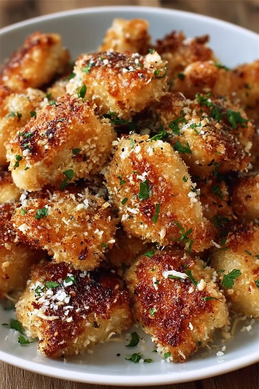 Delicious Garlic Parmesan Chicken Bites served on a platter.