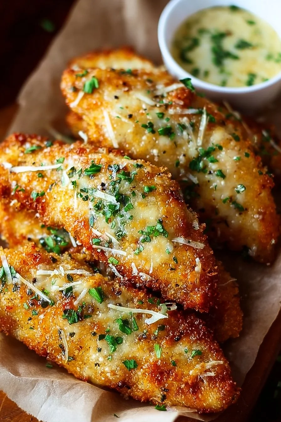 Garlic Parmesan Chicken Tenders on a plate garnished with herbs