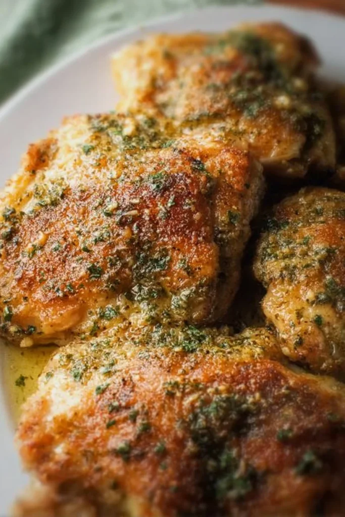 Garlic Parmesan Chicken Thighs served on a plate with fresh herbs