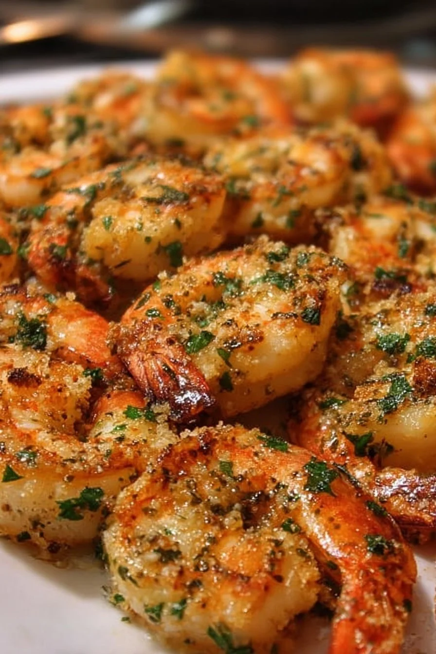 Plate of Garlic Parmesan Roasted Shrimp garnished with herbs and lemon
