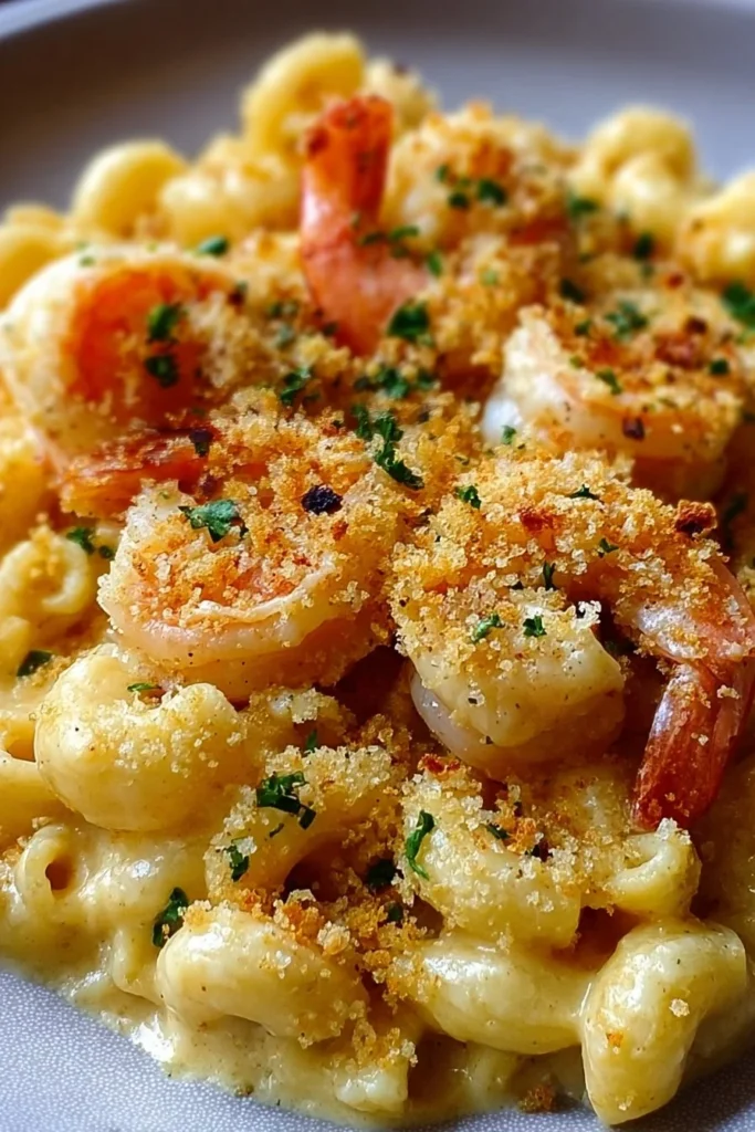 Creamy Garlic Shrimp Mac and Cheese topped with herbs