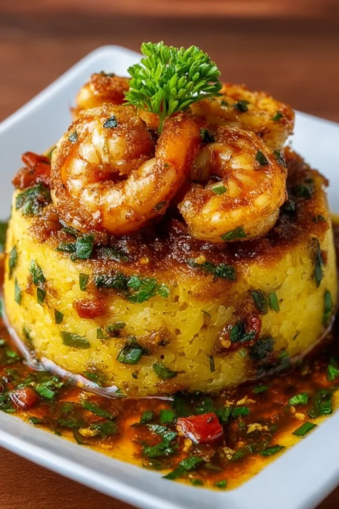 Delicious Garlic Shrimp Mofongo served with a side of sauces and garnishes