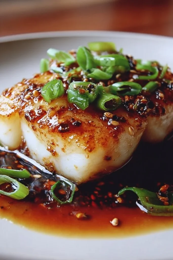 Ginger Soy Glazed Cod on a plate garnished with herbs
