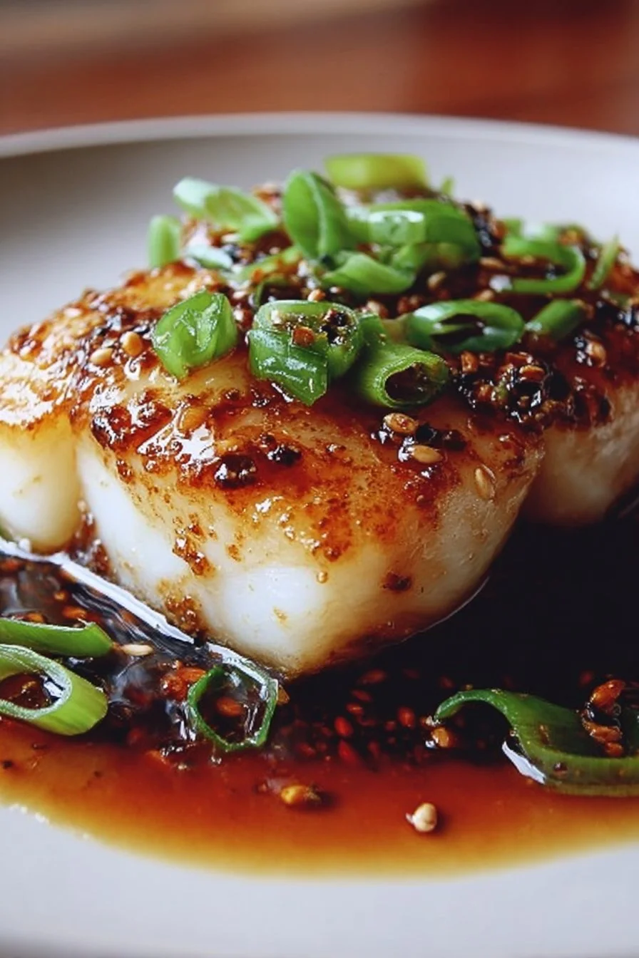 Ginger Soy Glazed Cod on a plate garnished with herbs