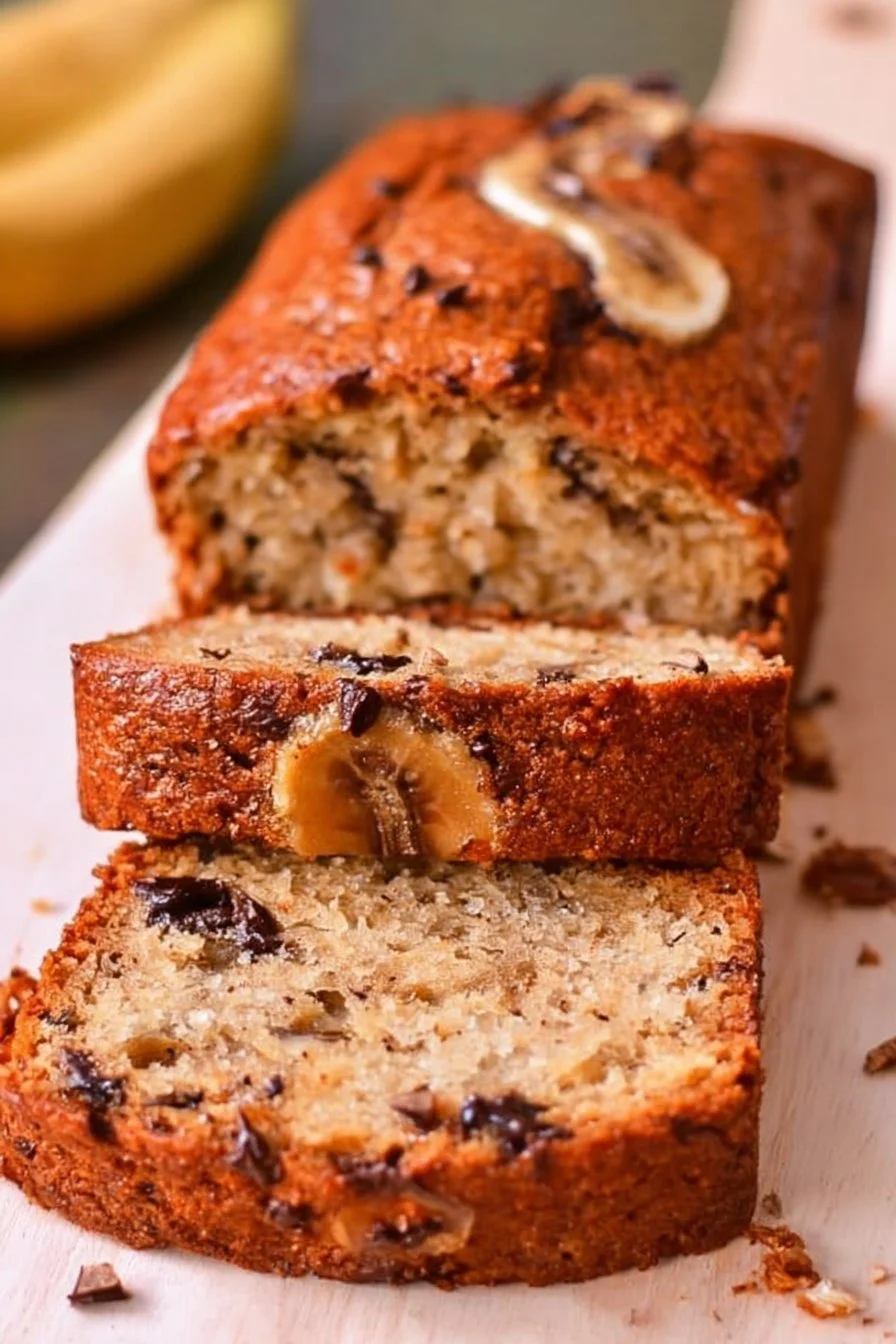 Slice of Greek yogurt banana bread topped with nuts and banana slices