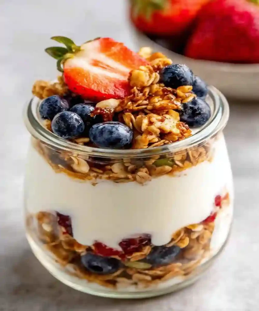 Greek yogurt parfait in a glass jar with granola, blueberries, and fresh strawberry