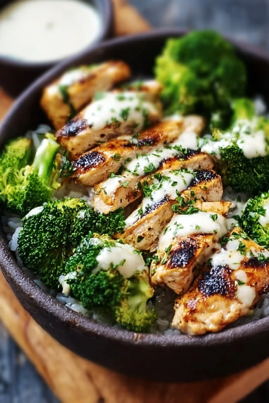 Grilled chicken and broccoli bowls with garlic sauce served in a bowl