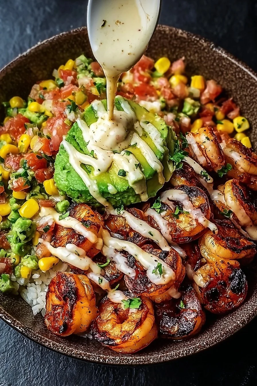 Grilled shrimp bowl topped with avocado and corn salsa in creamy garlic sauce