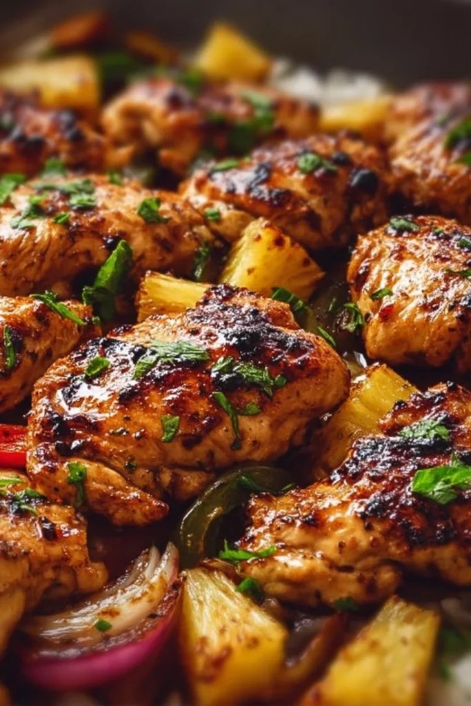 Hawaiian Chicken Sheet Pan with colorful vegetables and succulent chicken glaze