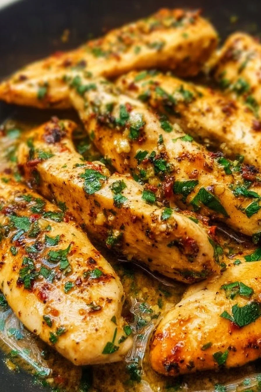 Healthier chicken tenders in garlic butter sauce served on a plate