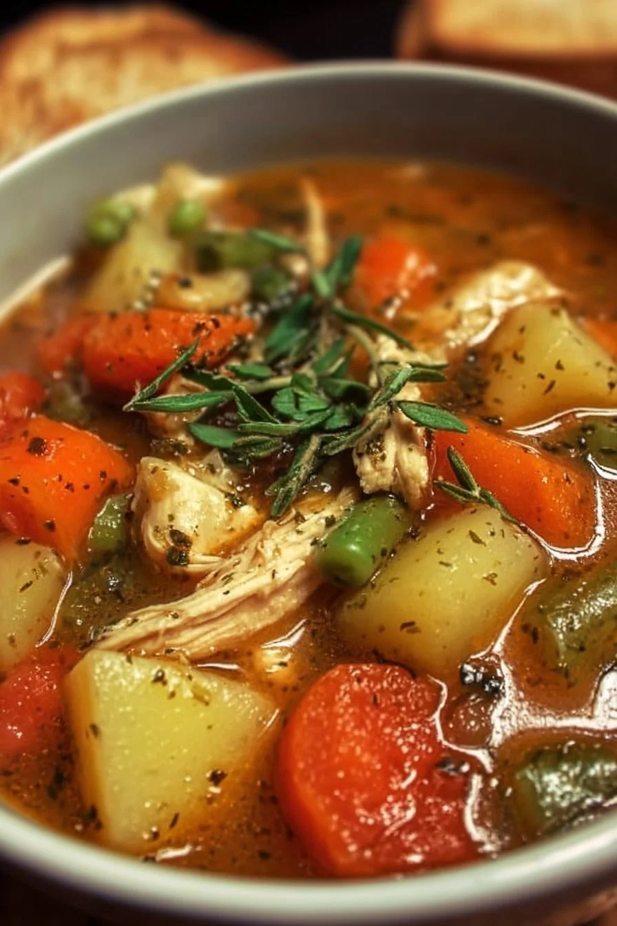 Hearty chicken and vegetable stew in a bowl with fresh herbs