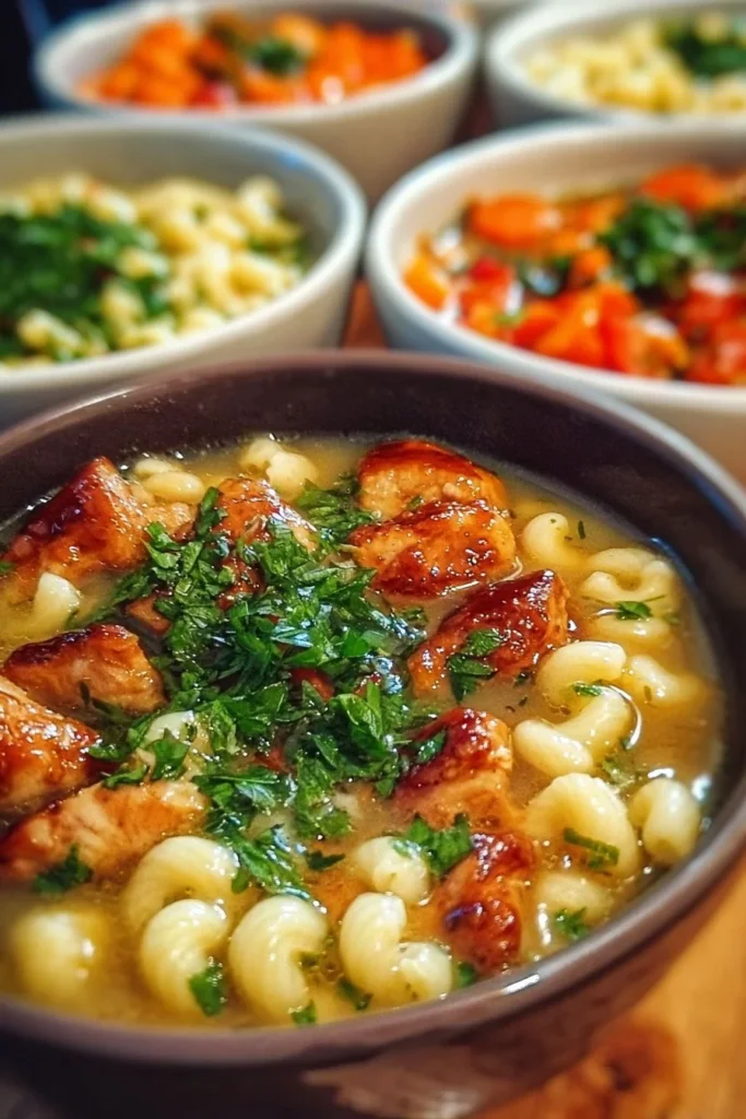 A selection of hearty soups in bowls, showcasing various ingredients and flavors.