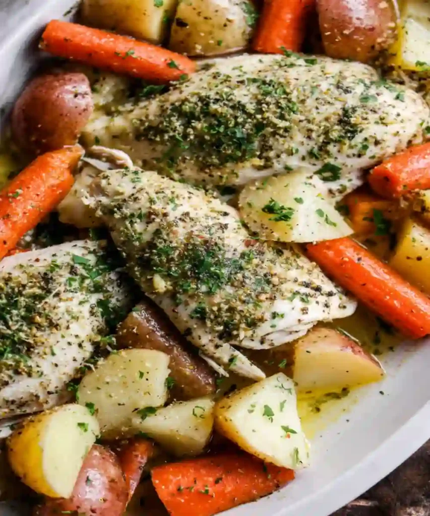 slow-cooked herb chicken with baby potatoes and carrots on a serving dish