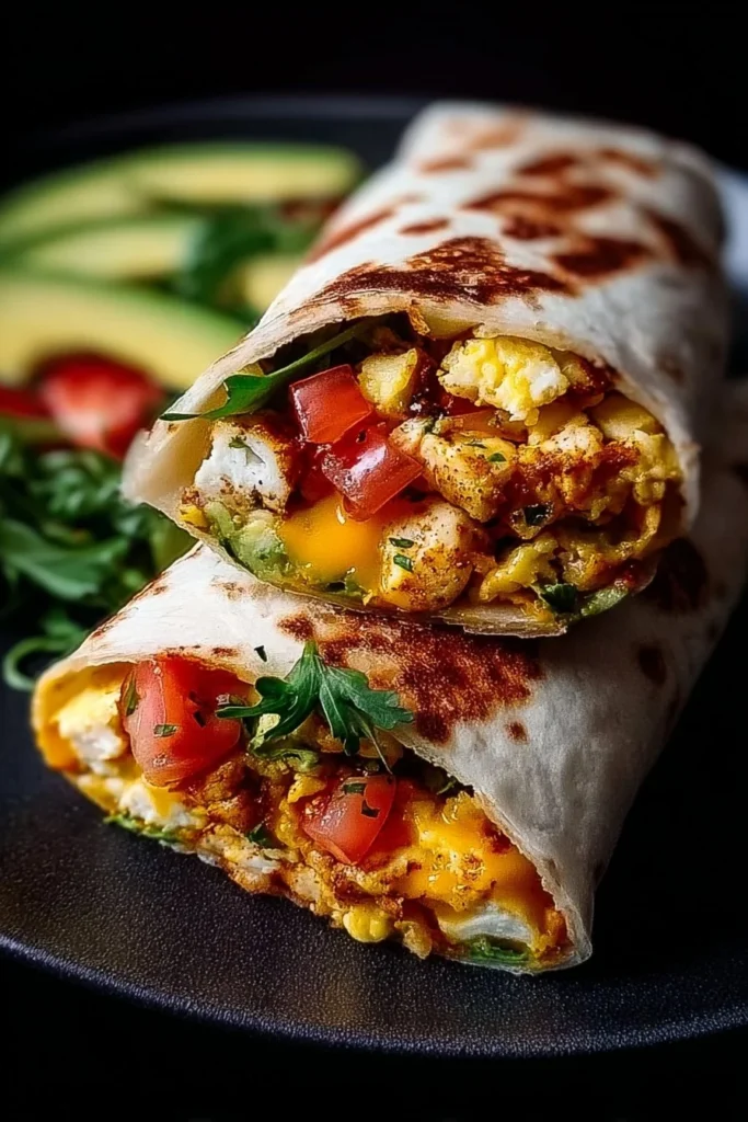 High-protein breakfast burrito filled with eggs, beans, and veggies on a plate