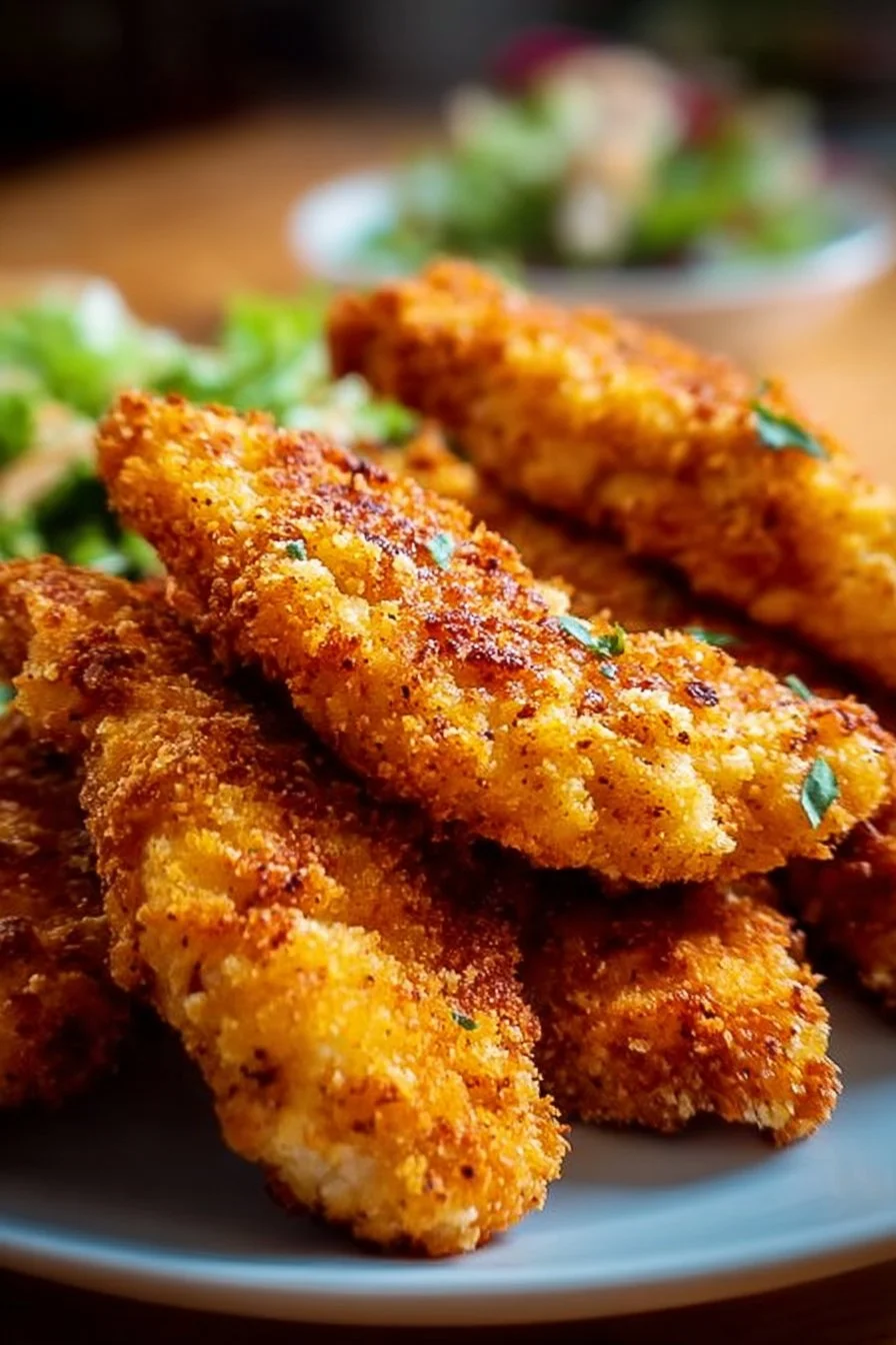 Homemade baked chicken tenders served on a plate with dipping sauce.