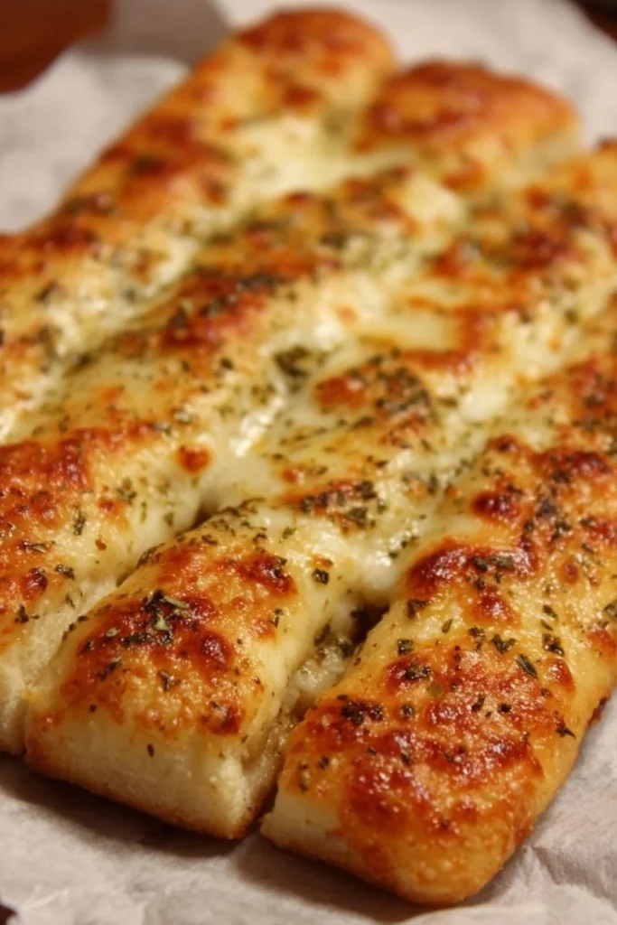 Homemade cheesy breadsticks fresh out of the oven, topped with melted cheese
